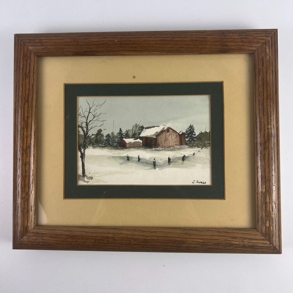 J Surga Original Watercolor Painting Signed Winter Farm Barn Snow Framed Art